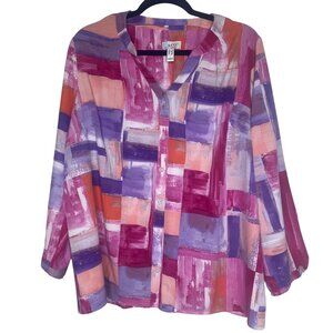 Denim & Co. Womens 1X Top Pink Abstract Print Button-Up Blouse 3/4 Sleeves
